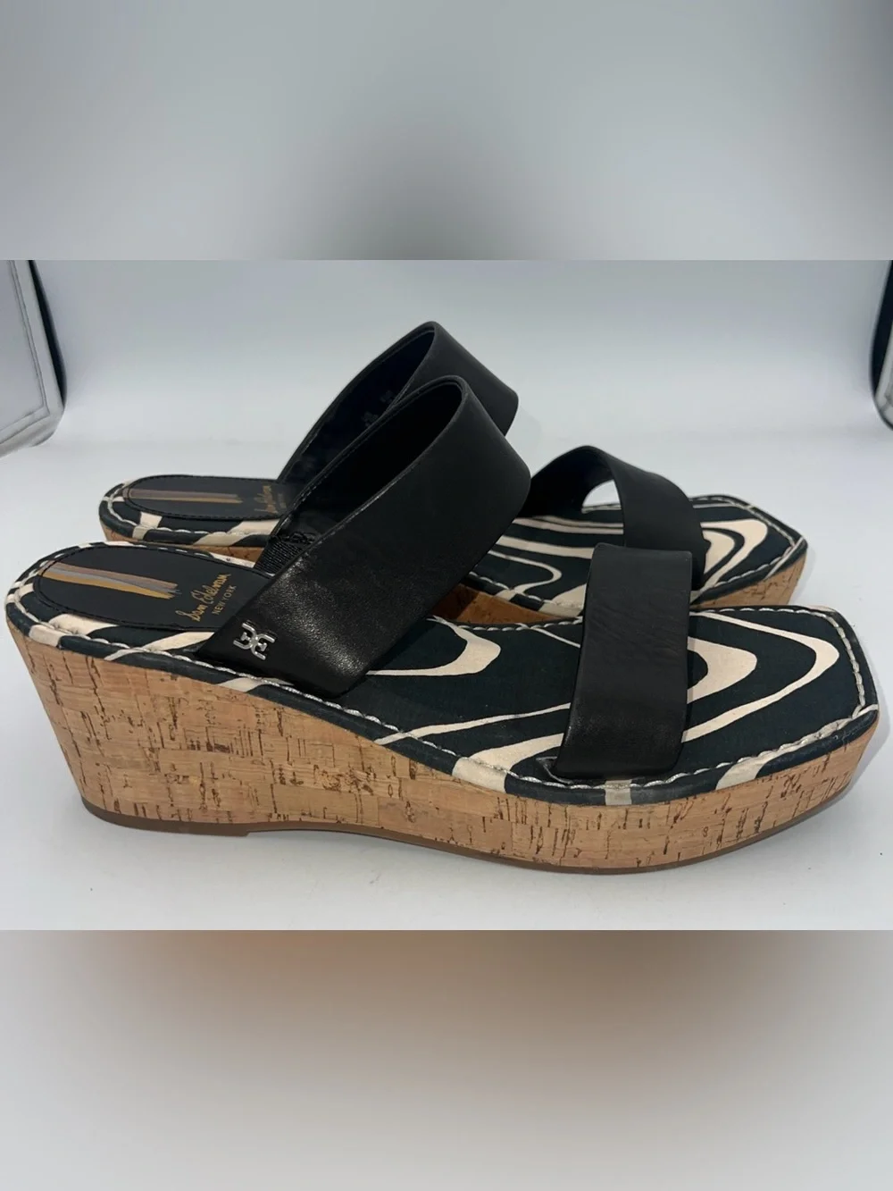 Sam Edelman Alissa Black Leather Strap Cork Wedge Sandals Women’s Size 9.5M NWOB